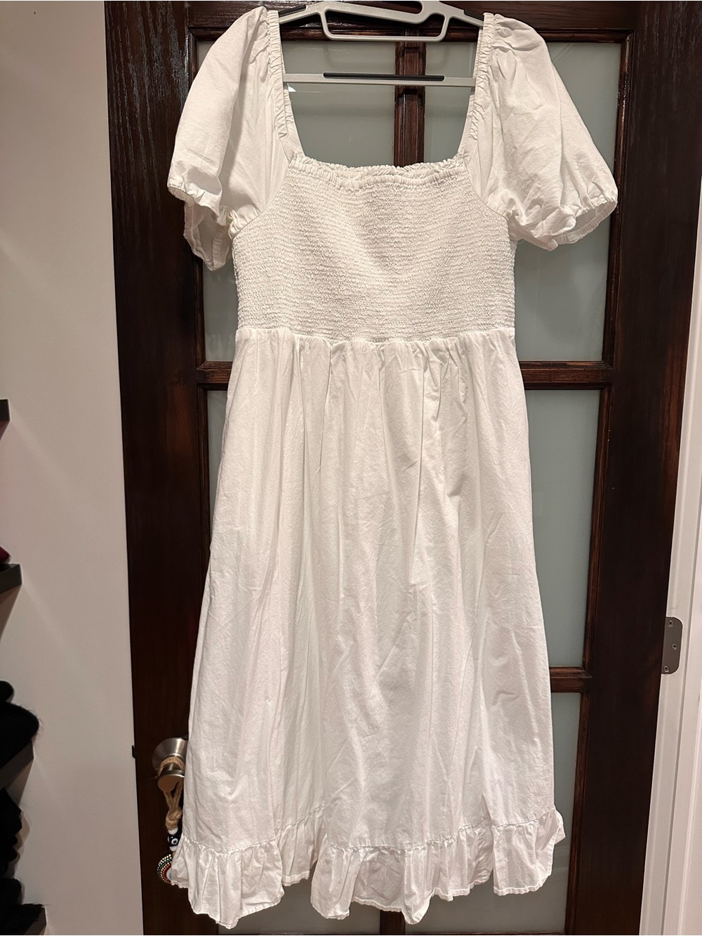JCREW White Smocked Puff Sleeve Midi Dress